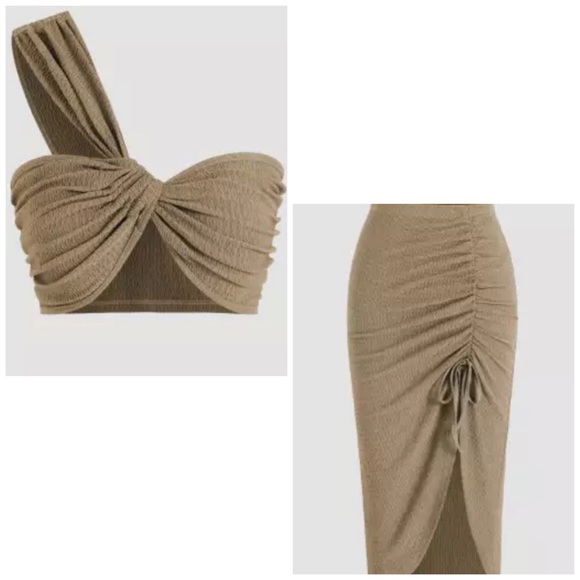 Cider Dresses & Skirts - Textured One Shoulder Tank Top and Midi Drawstring Skirt Set